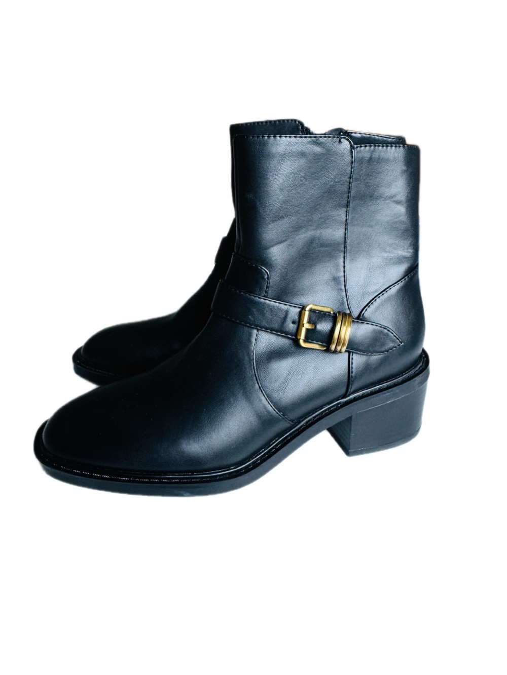 Anne Klein Black Leather Ankle Boots with Gold Buckle